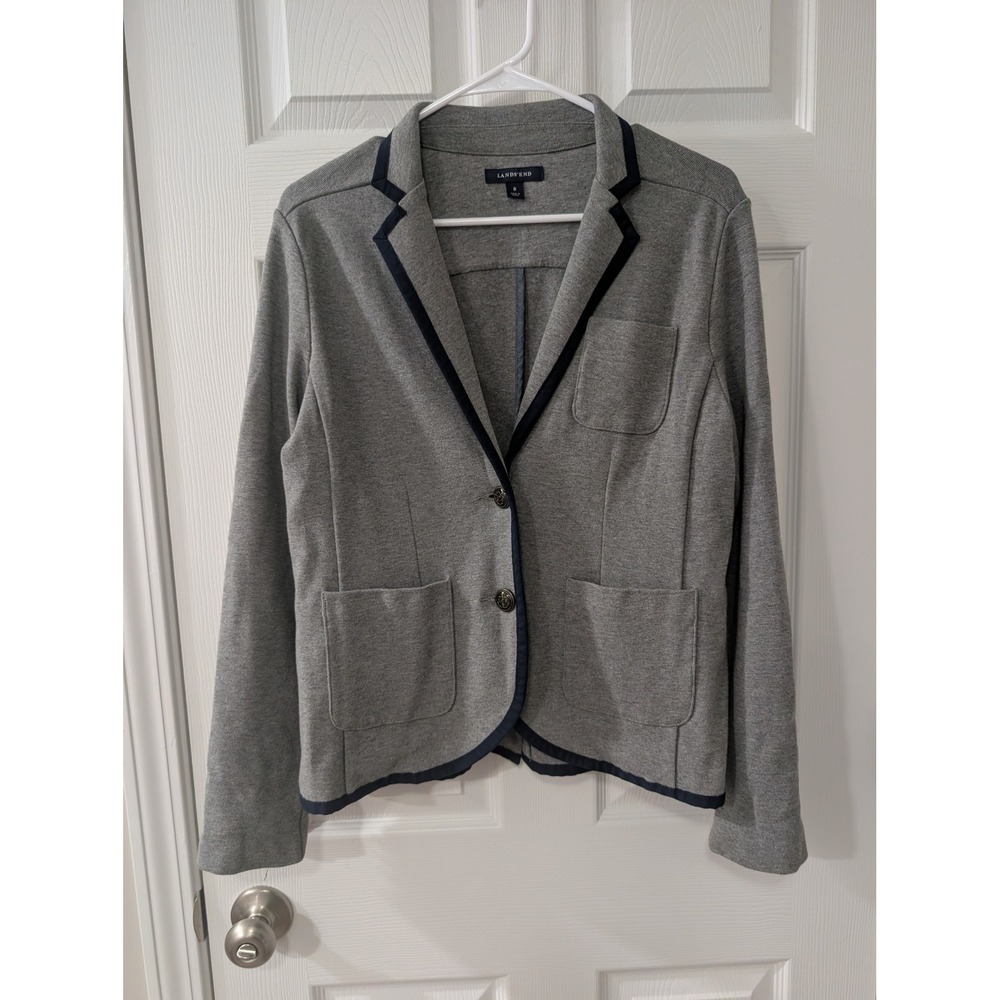 Lands End, Wmns 8, Gray Knit Blazer, Navy Trim, Brass Buttons, Nautical Academic
